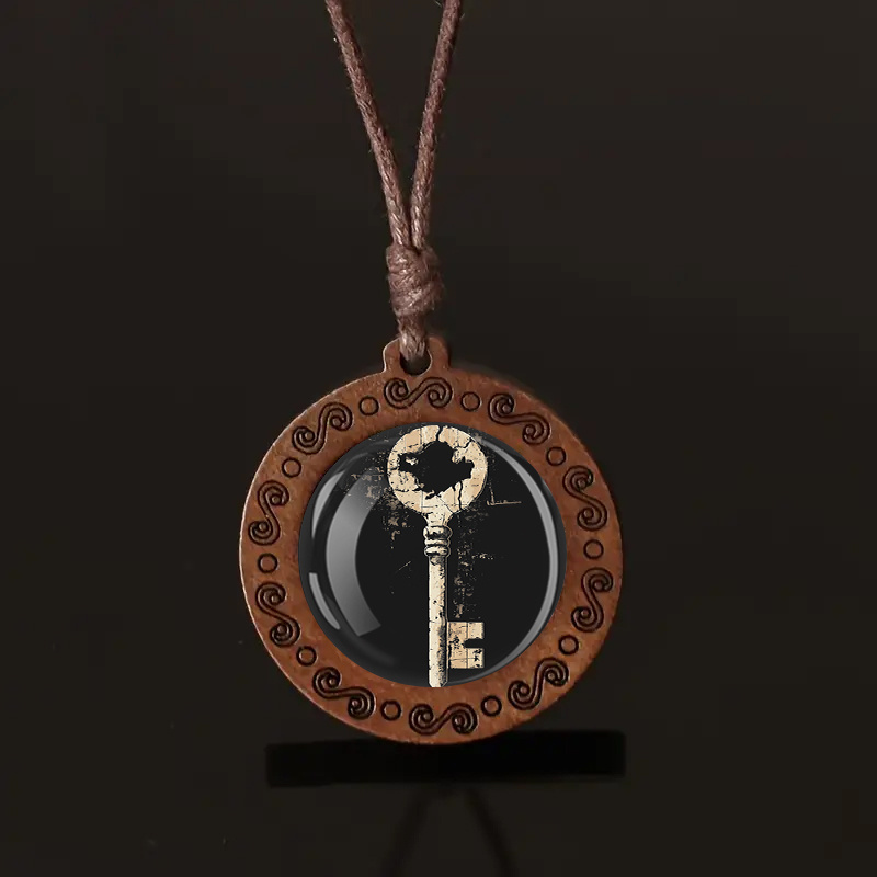 Vintage Key Pendant Necklace with Rustic Wood Chain